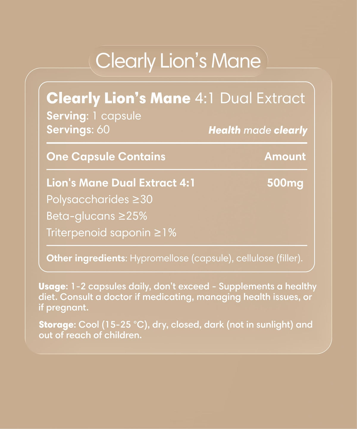 Clearly Lion's Mane capsules bottle with label, showing supplement packaging and branding for mushroom health support.