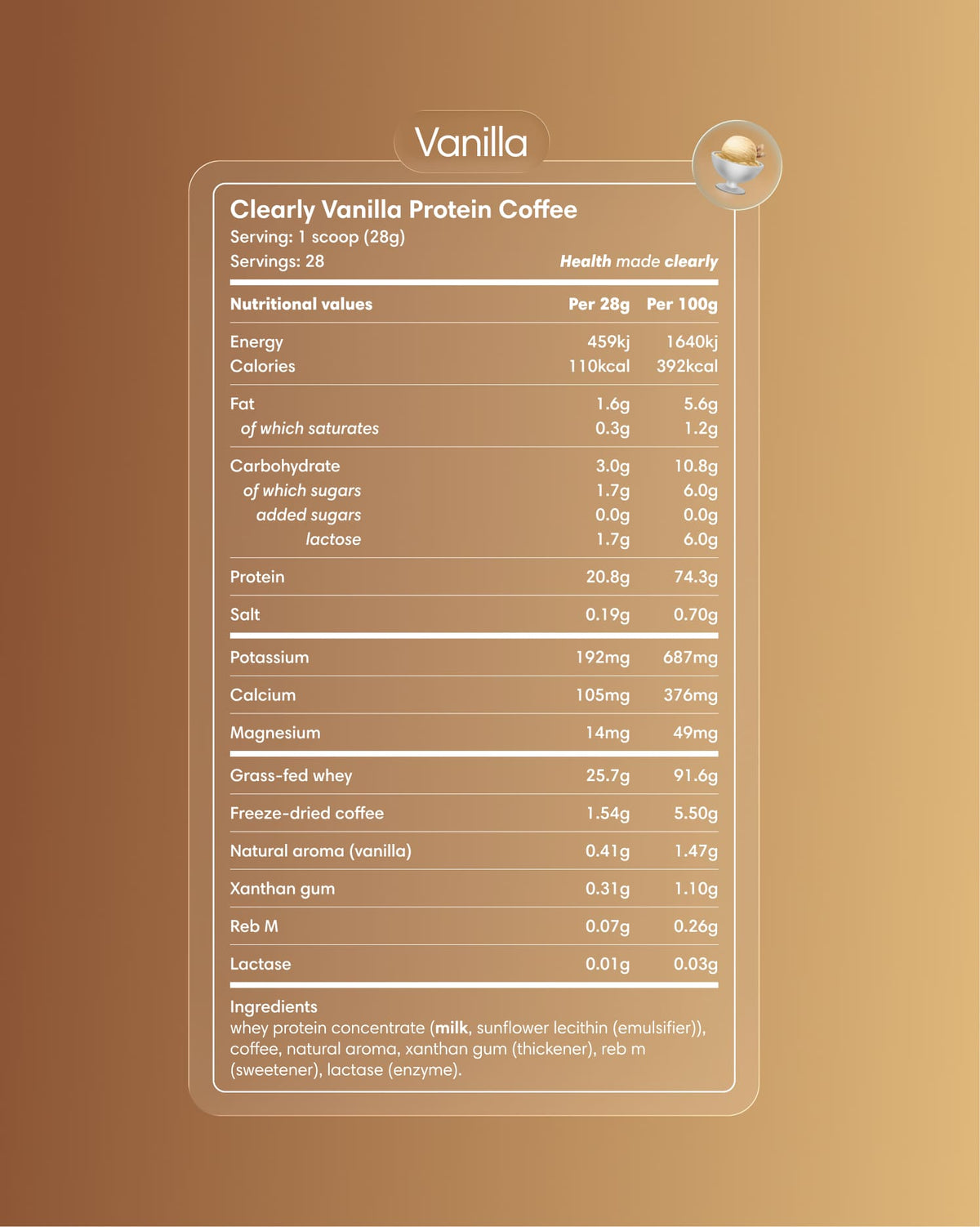Clearly Protein Iced Coffee with vanilla flavor, cold beverage with creamy texture and coffee and protein ingredients visible in the image.