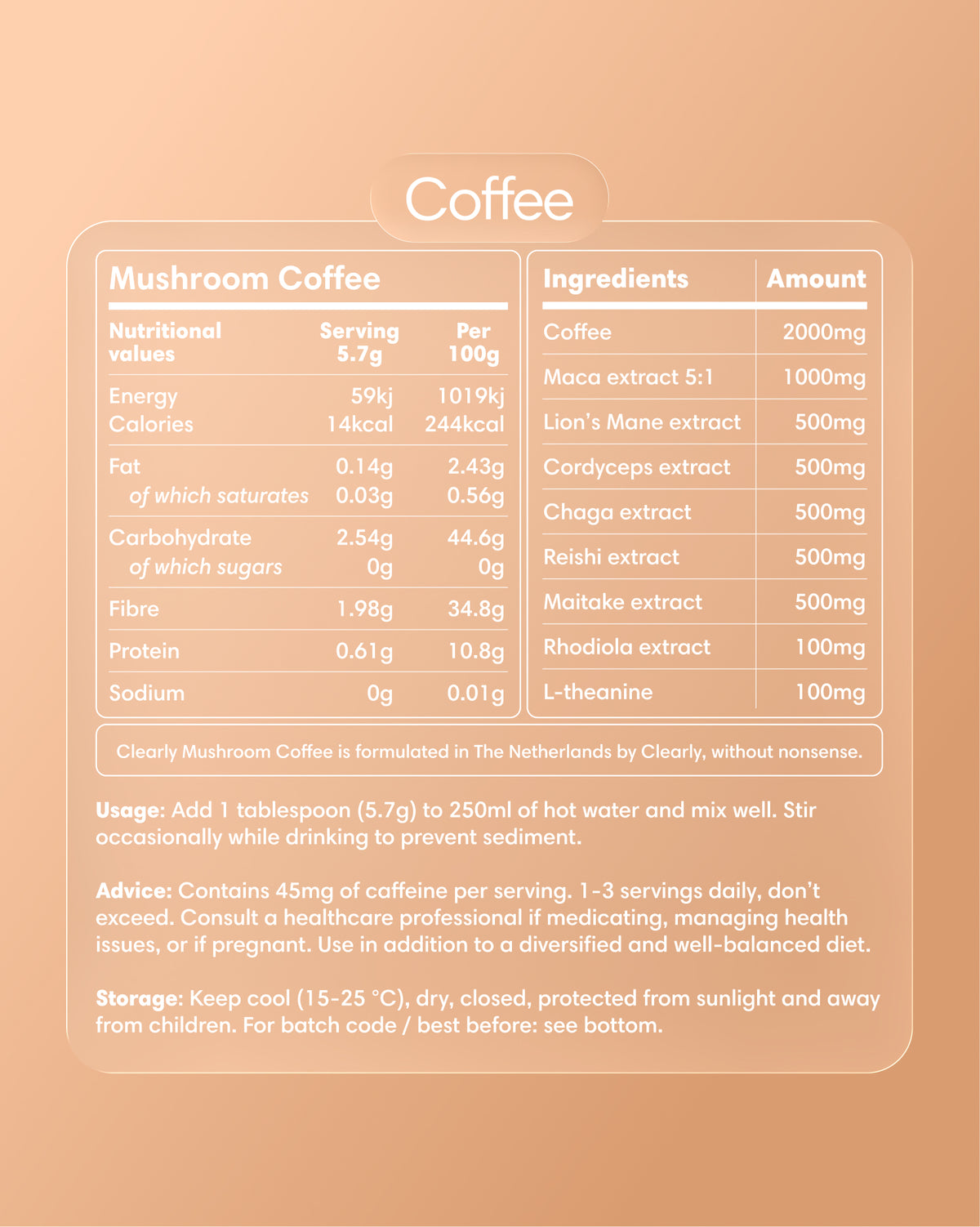 Clearly Mushroom Coffee with label showing earthy design and branding, featuring a jar of mushroom-infused coffee powder on a wooden surface.