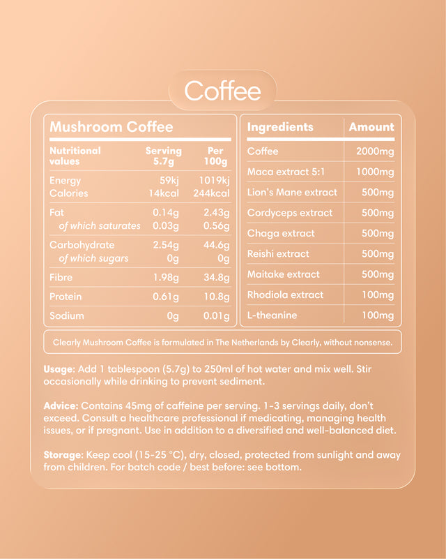 Clearly Mushroom Coffee with label showing earthy design and branding, featuring a jar of mushroom-infused coffee powder on a wooden surface.
