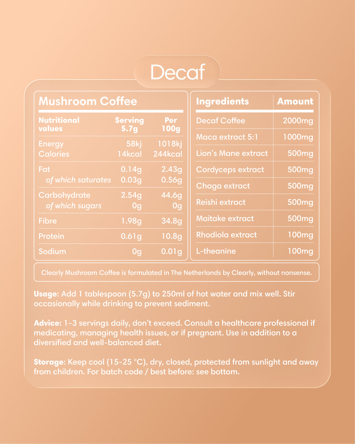 Clearly Mushroom Coffee label with decaf indication, featuring earthy mushroom imagery and branding on the packaging.