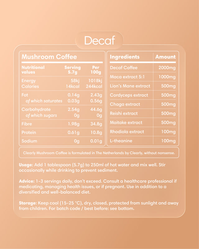 Clearly Mushroom Coffee label with decaf indication, featuring earthy mushroom imagery and branding on the packaging.