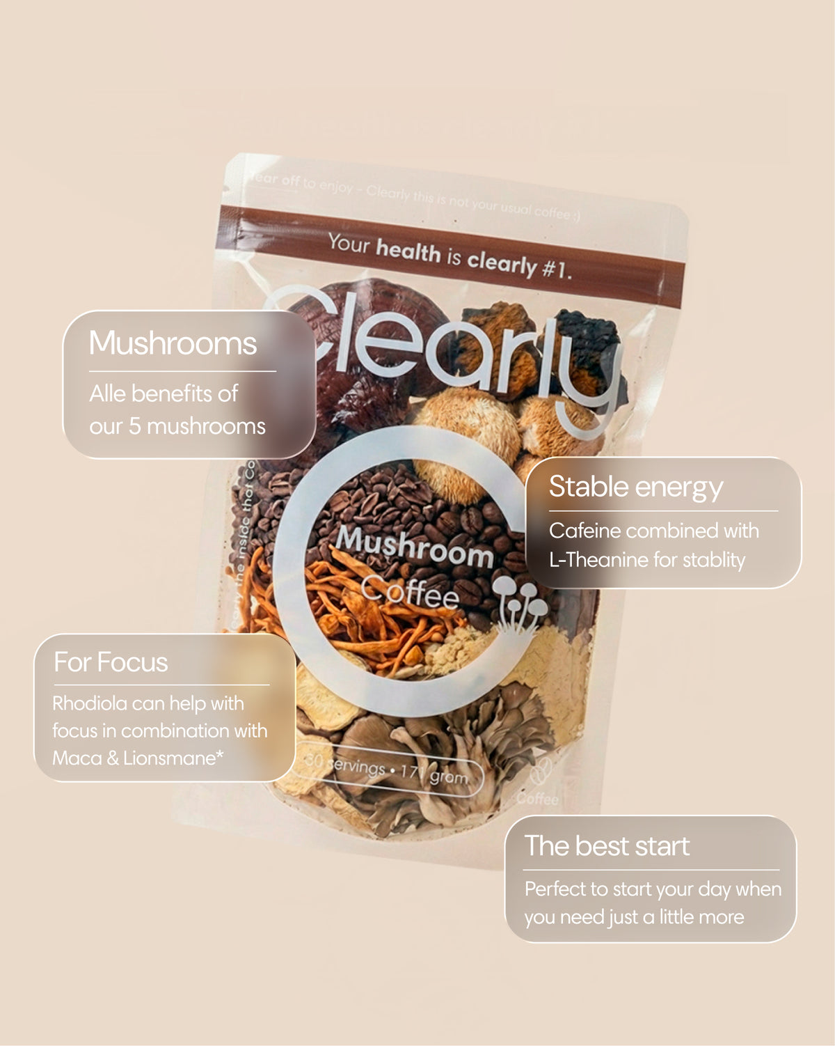 Clearly Mushroom Coffee in a cup with mushroom powder and coffee beans, showcasing a healthy mushroom coffee beverage.