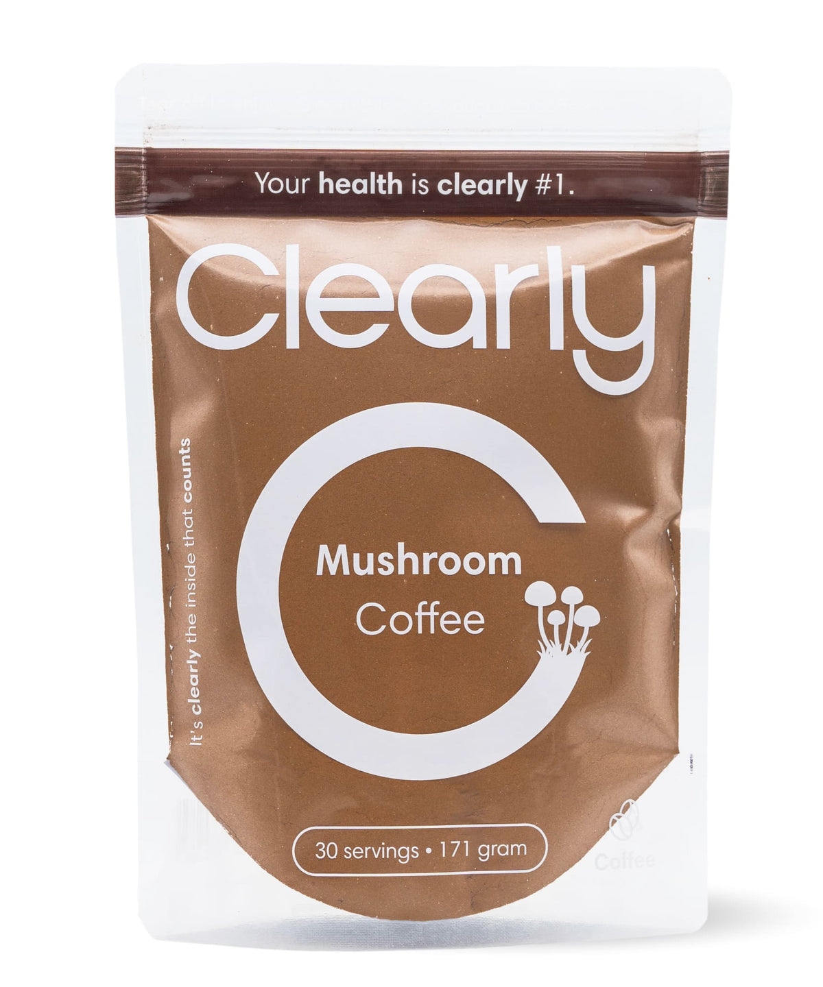 Front view of Clearly Mushroom Coffee in a mug, showing the coffee's rich texture and mushroom-infused flavor.