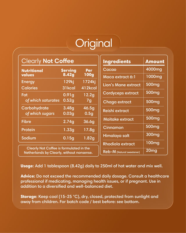 Nährwertangaben und Zutatenetikett für Clearly Not Coffee Original, mit Kakao, Löwenmähne, Cordyceps, Chaga, Rhodiola und anderen natürlichen Extrakten.